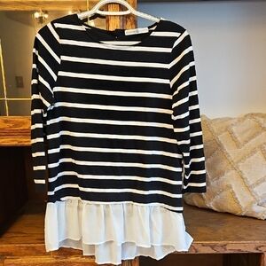 Chic Striped Long Sleeve Top with Ruffle Hem
